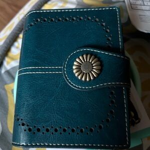 Teal Leather Wallet with Floral Button, RIDF